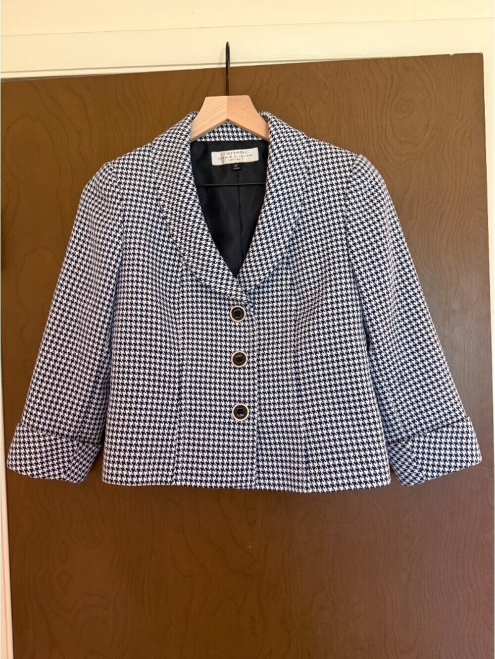 Tahari Arthur Levine Houndstooth Blazer Size 2P Blue Black & White 60s Mod Retro